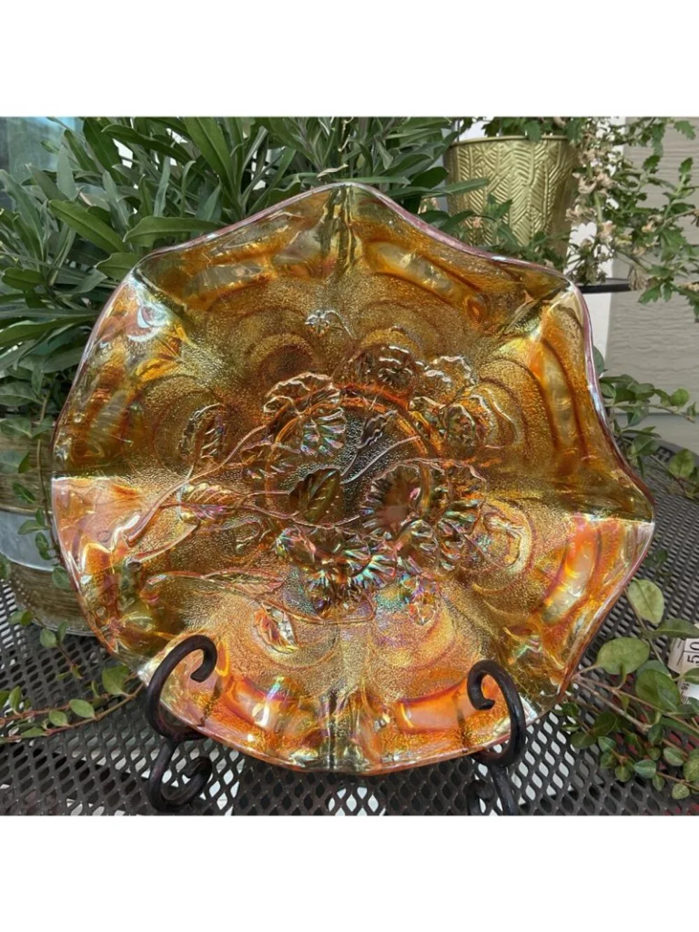 Vintage Fenton Orange Tree Marigold Carnival Ruffeled Bowl Iridescent Gold